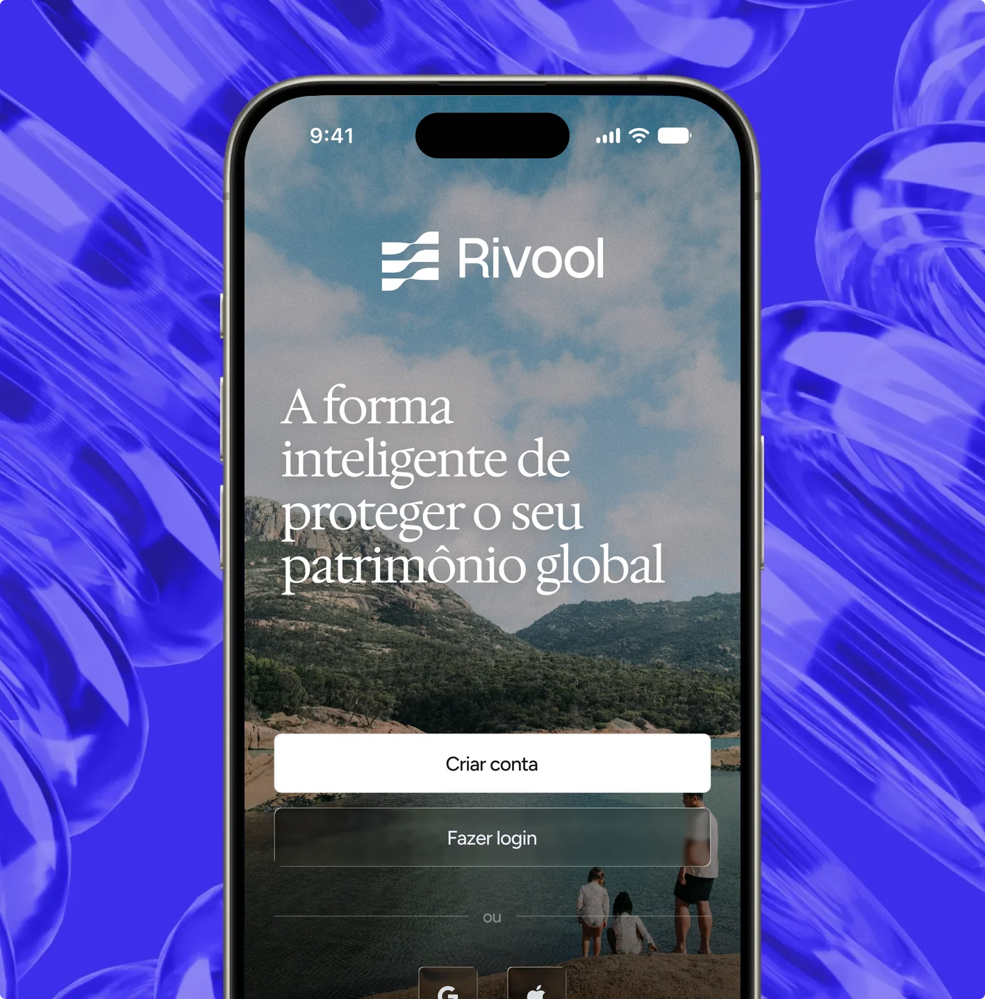 Rivool app home screen: The smart way to protect your global wealth, with the Create account and Log in buttons