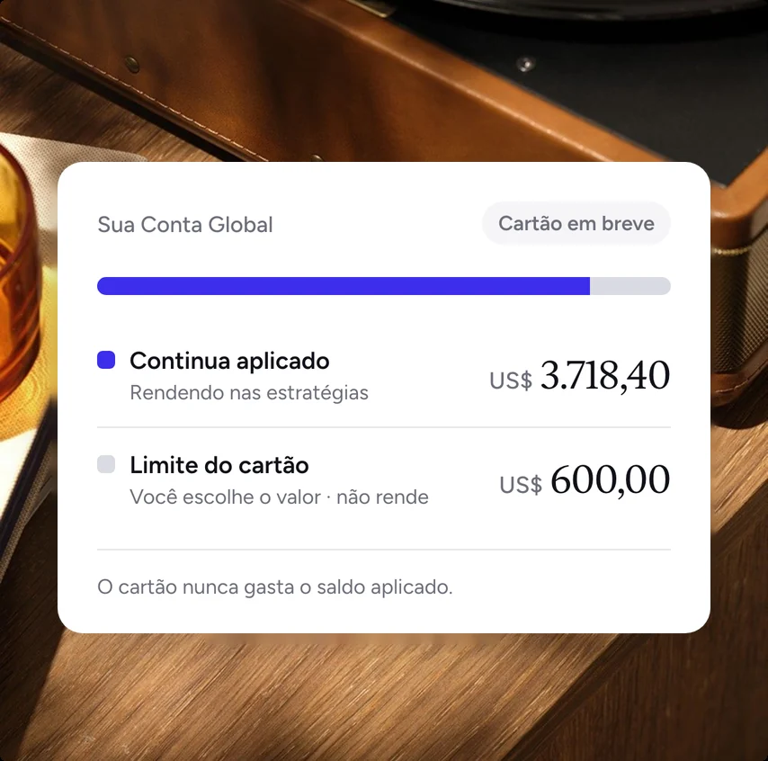 Global Account with part of the balance set as the card limit, which earns no yield, and the rest invested in the strategies