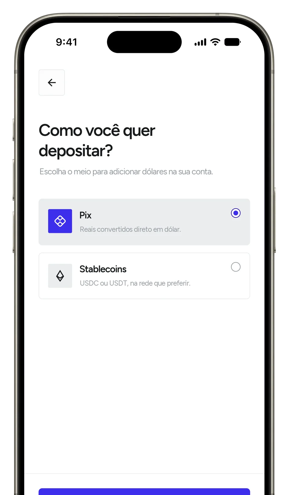 Rivool app screen for choosing how to deposit, with Pix selected