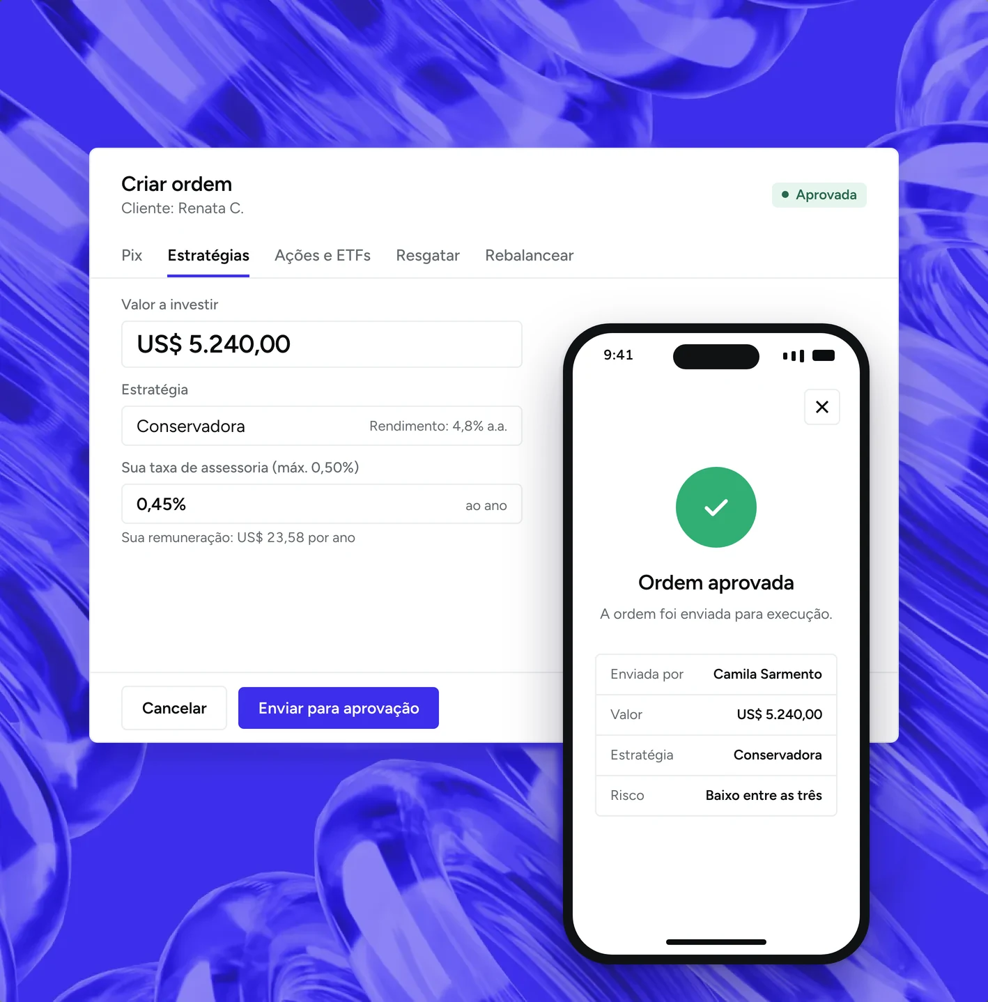 Creating an order for a client and, on the phone, the approved order