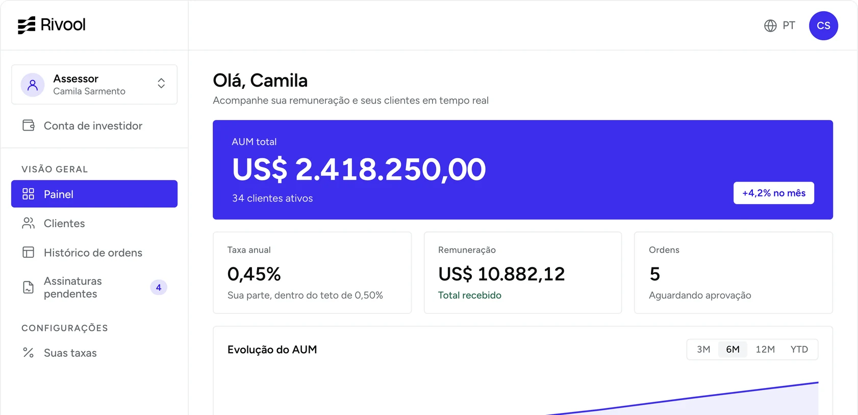 Rivool advisor dashboard, showing clients' assets