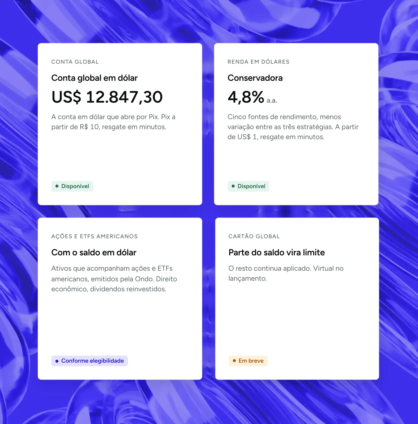 Products in the dashboard: global dollar account, Conservative strategy at 4.8% a year, US stocks and ETFs, and Global Card coming soon